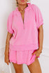 Half Zip Puff Sleeve Top and Ruffled Shorts Set